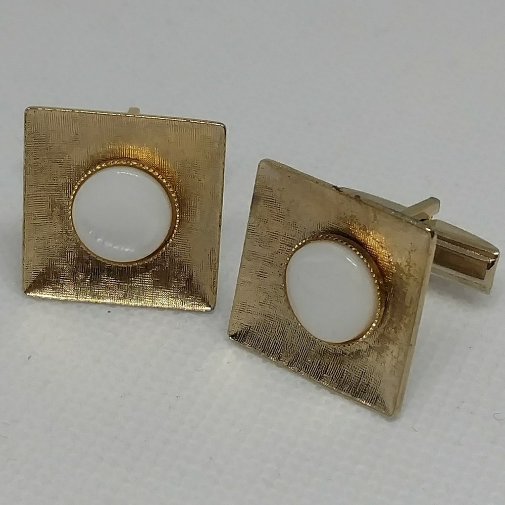Modernist Concave Gold tone Cufflinks w MOP